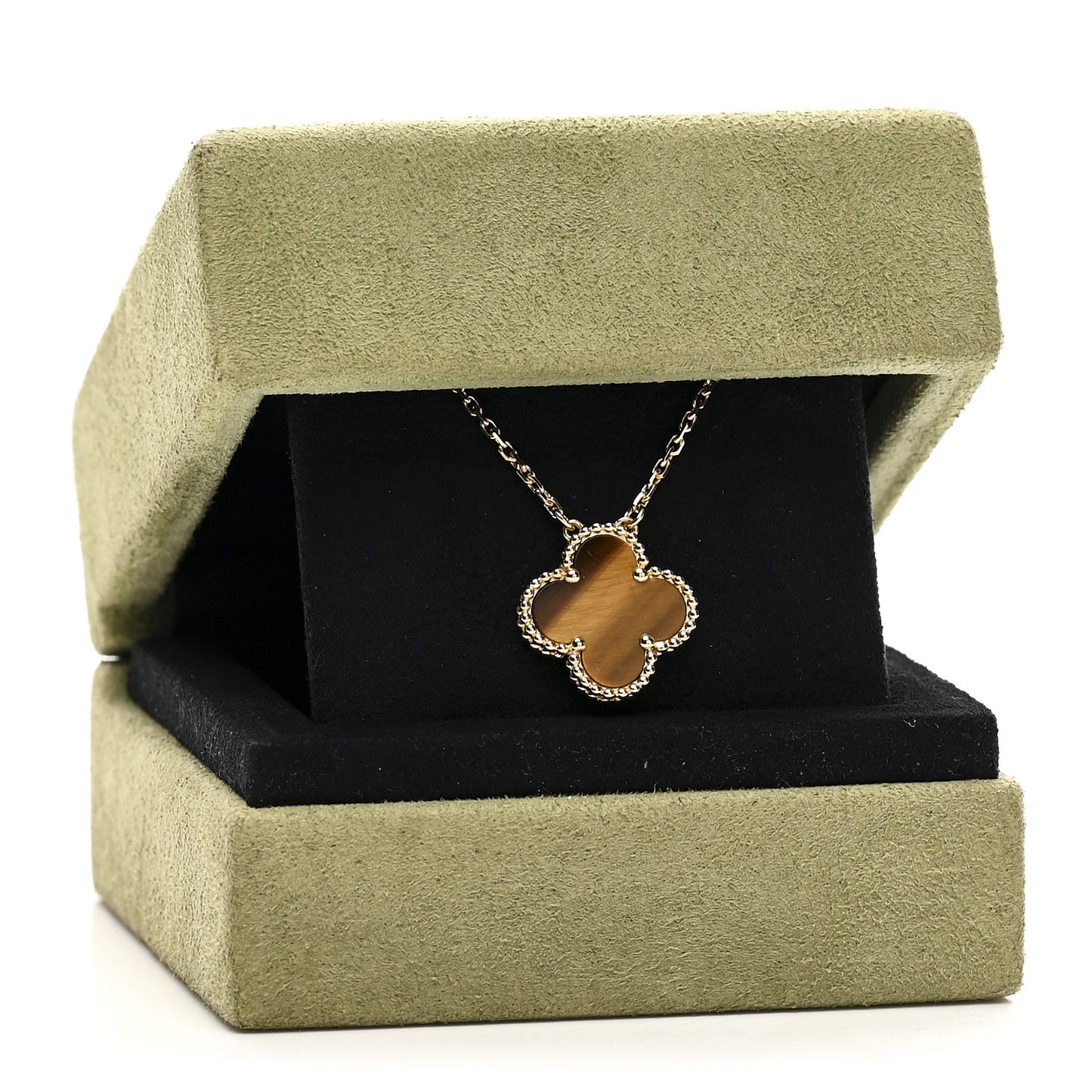 18K Yellow Gold Tiger Eye Vintage Alhambra Pendant Necklace