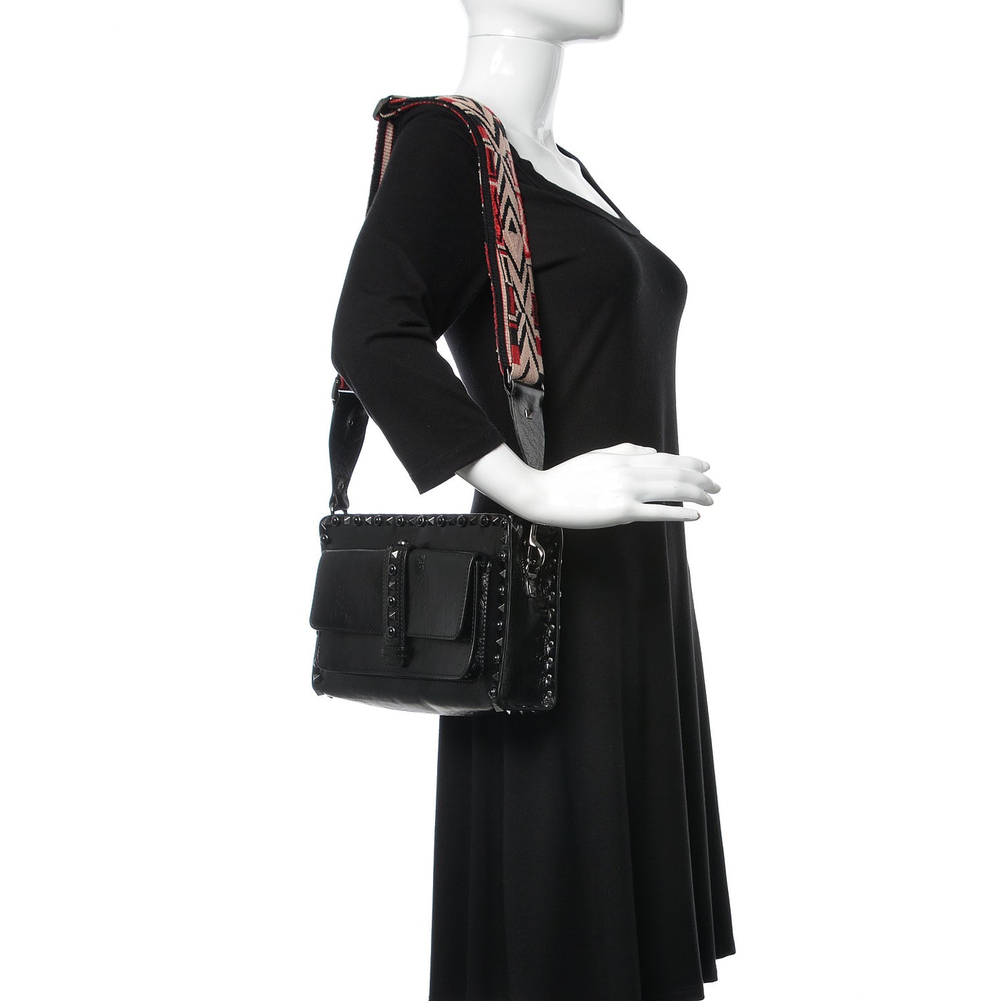 Craquele Calfskin Small Guitar Strap Rockstud Rolling Flap Pocket Shoulder Bag Black