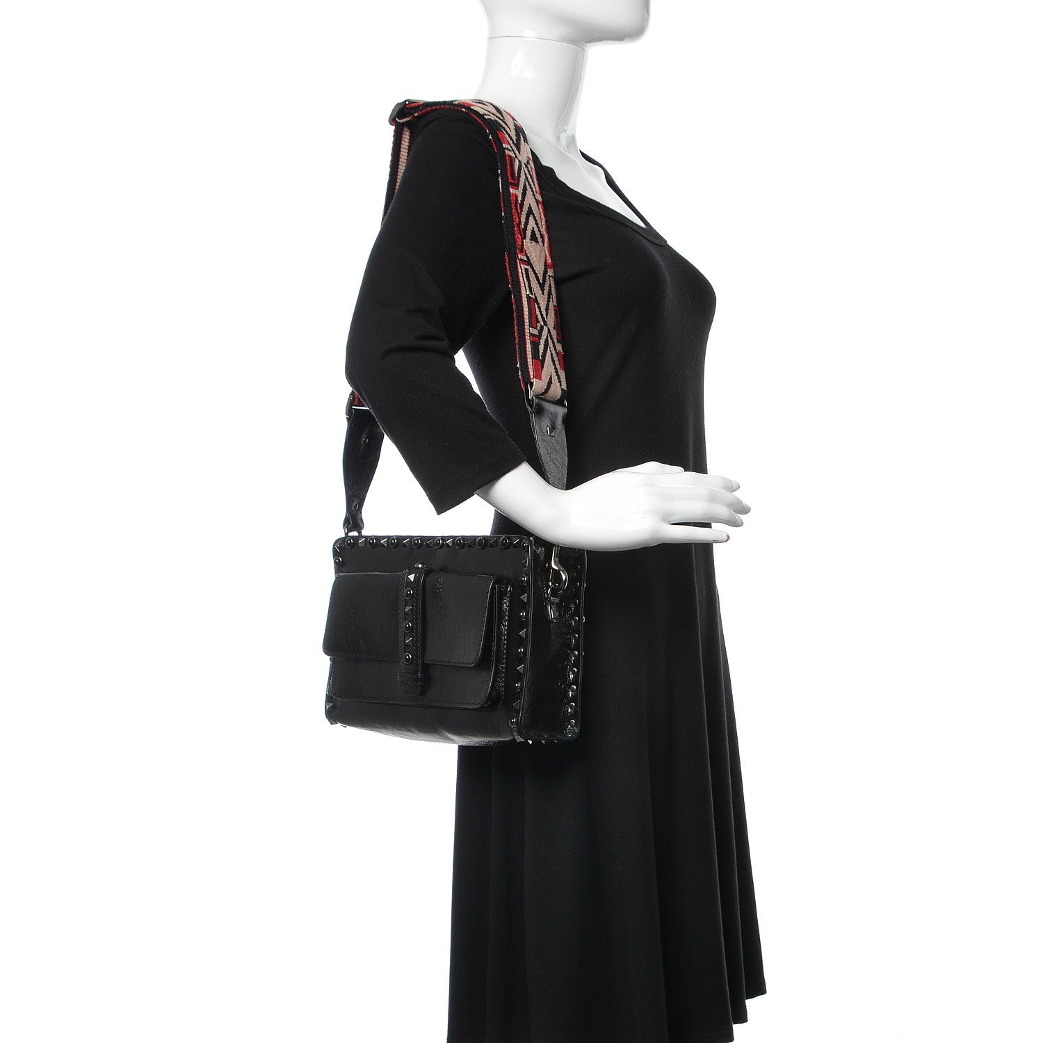 Valentino Garavani Craquele Calfskin Small Guitar Strap Rockstud Rolling Flap Pocket Shoulder Bag Black 2 of 8