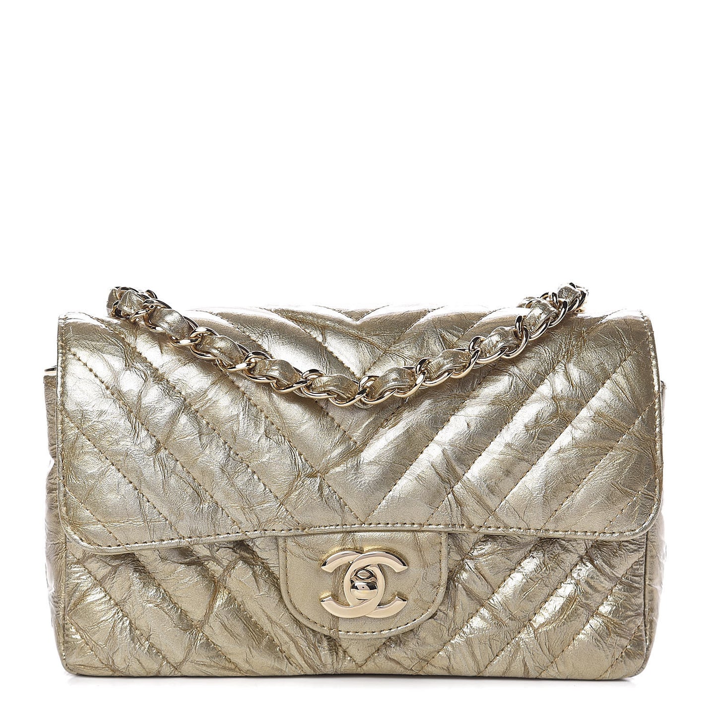 Patent Metallic Crumpled Calfskin Chevron Quilted Mini Rectangular Flap Gold