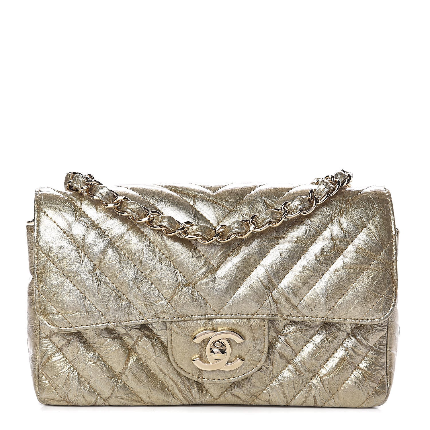 Chanel Patent Metallic Crumpled Calfskin Chevron Quilted Mini Rectangular Flap Gold 1 of 11