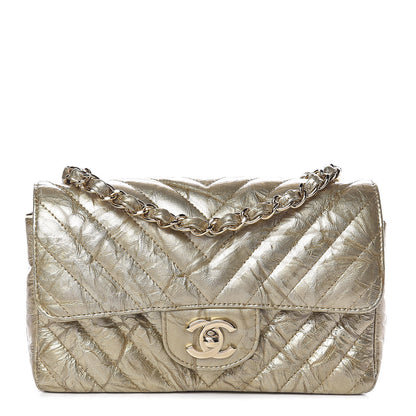 Chanel Patent Metallic Crumpled Calfskin Chevron Quilted Mini Rectangular Flap Gold 1 of 11