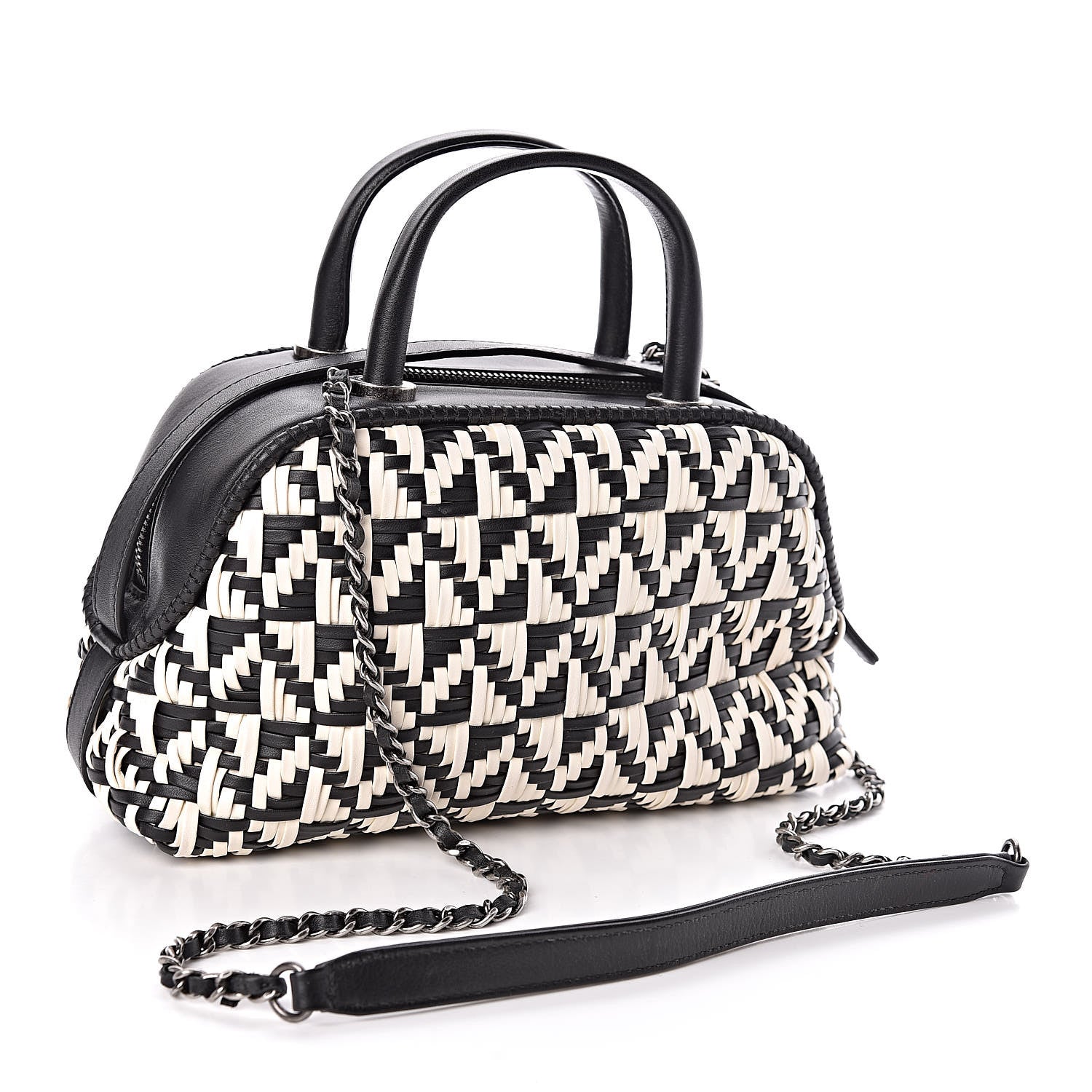 Chanel Calfskin Woven Bowling Bag Black White 3 of 10