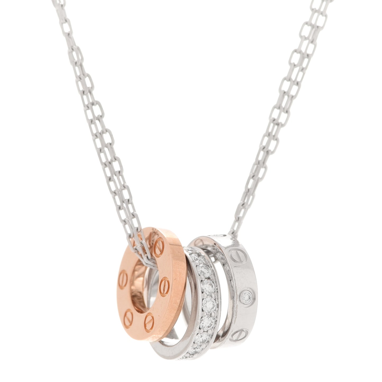 18K White Pink Gold Diamond Three Ring LOVE Necklace