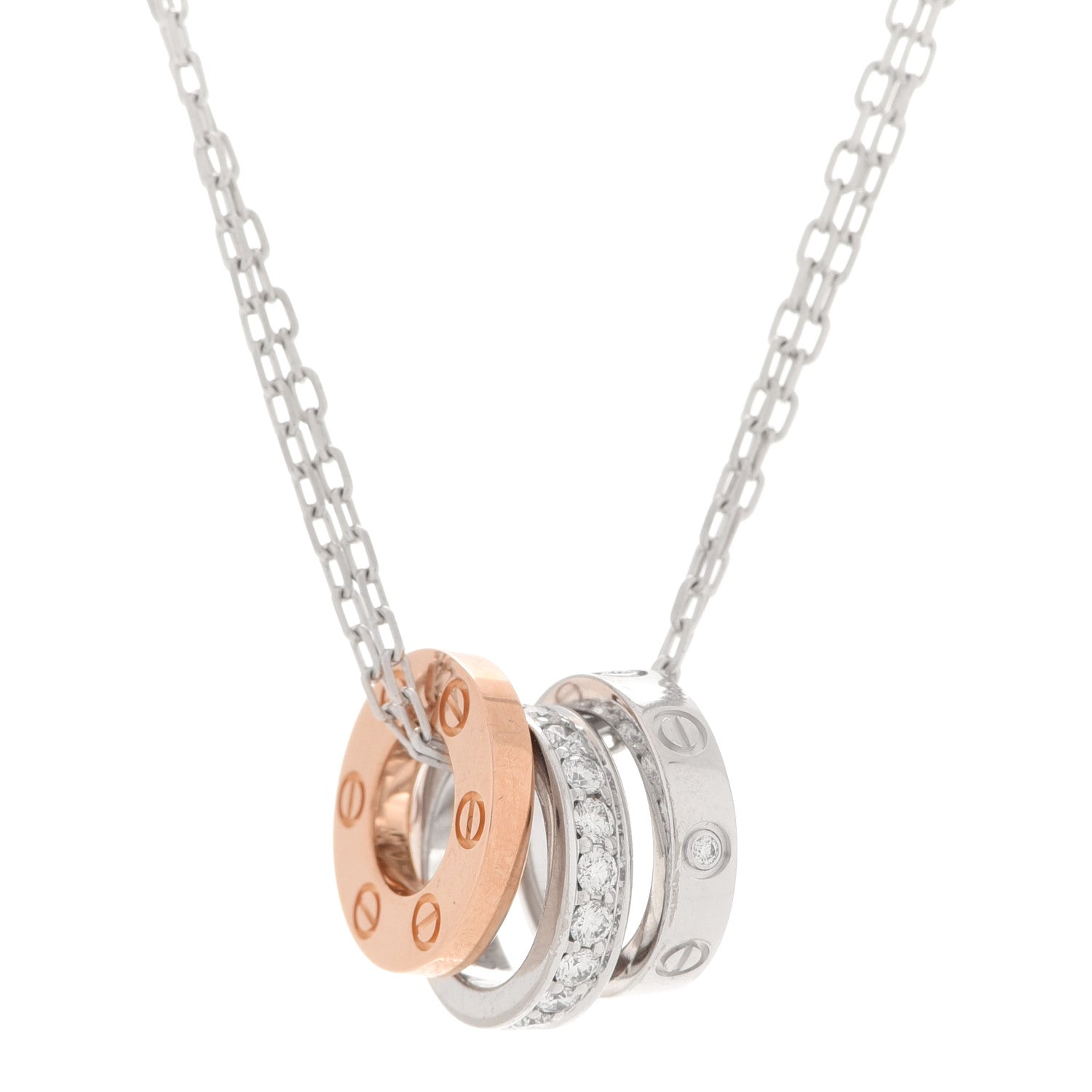 Cartier 18K White Pink Gold Diamond Three Ring LOVE Necklace 4 of 10