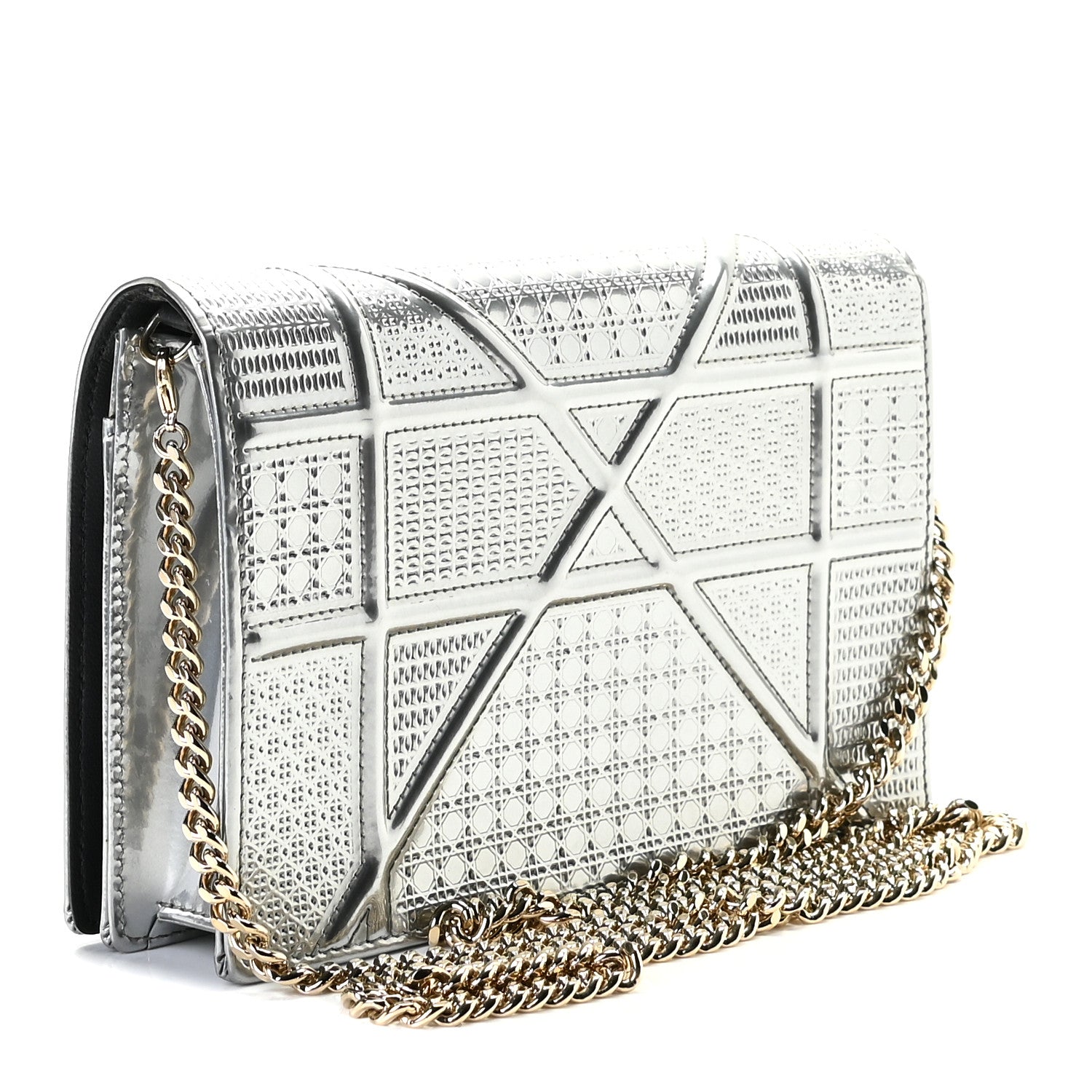 Christian Dior Metallic Patent Micro-Cannage Diorama Wallet on Chain Pouch Graphine 2 of 10