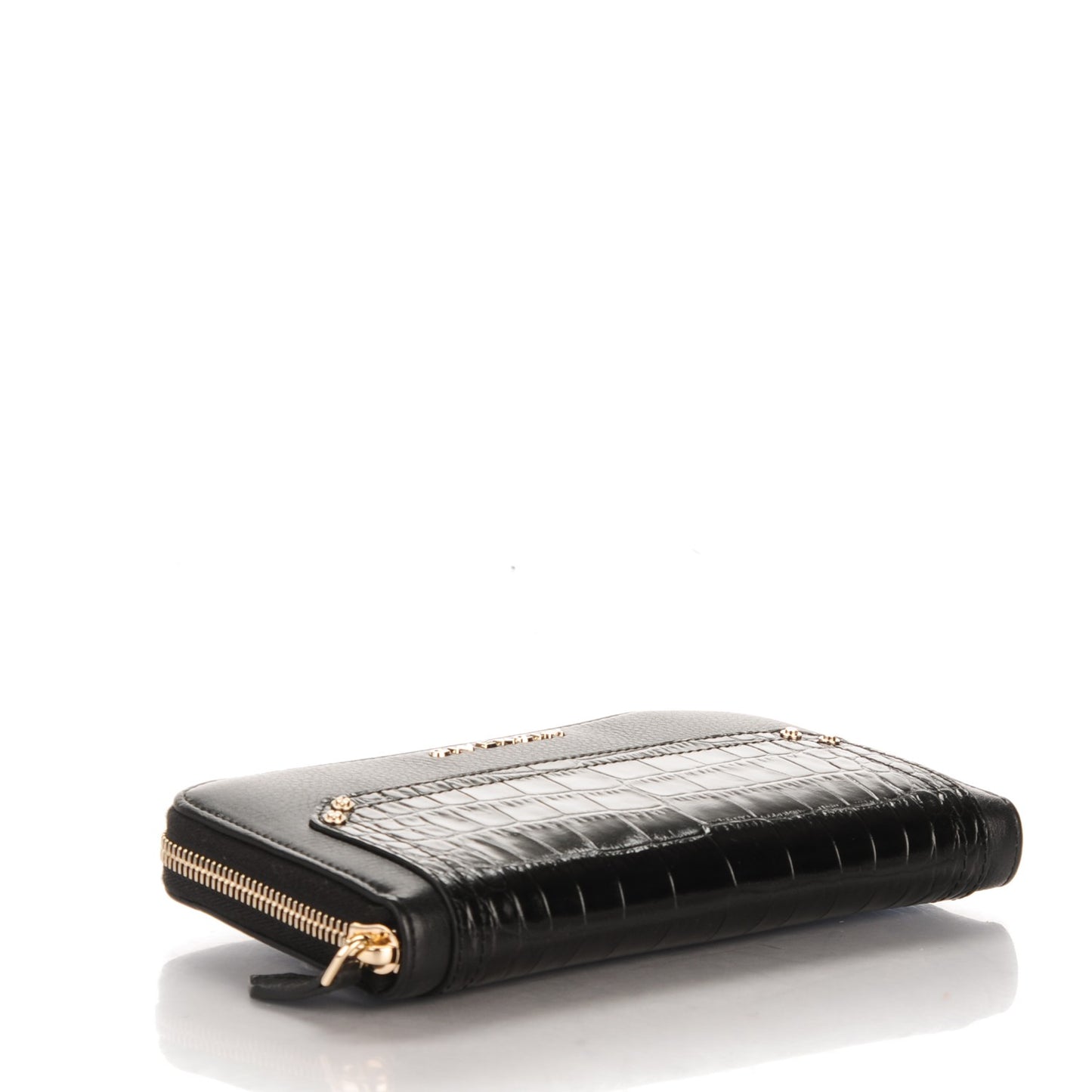 Calfskin Crocodile Embossed Pandora Zip Around Wallet Black