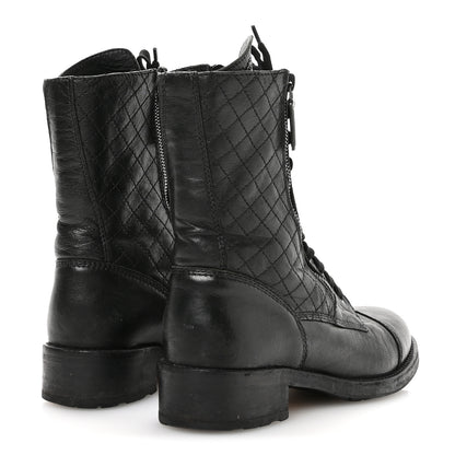 Chanel Sheepskin Quilted CC Tall Lace Up Combat Boots 38.5 Black 5 of 8