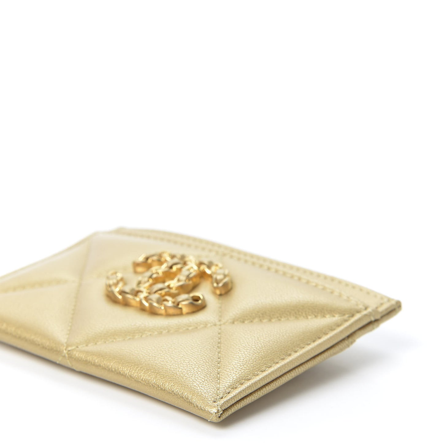 Metallic Goatskin Quilted Chanel 19 Card Holder Gold
