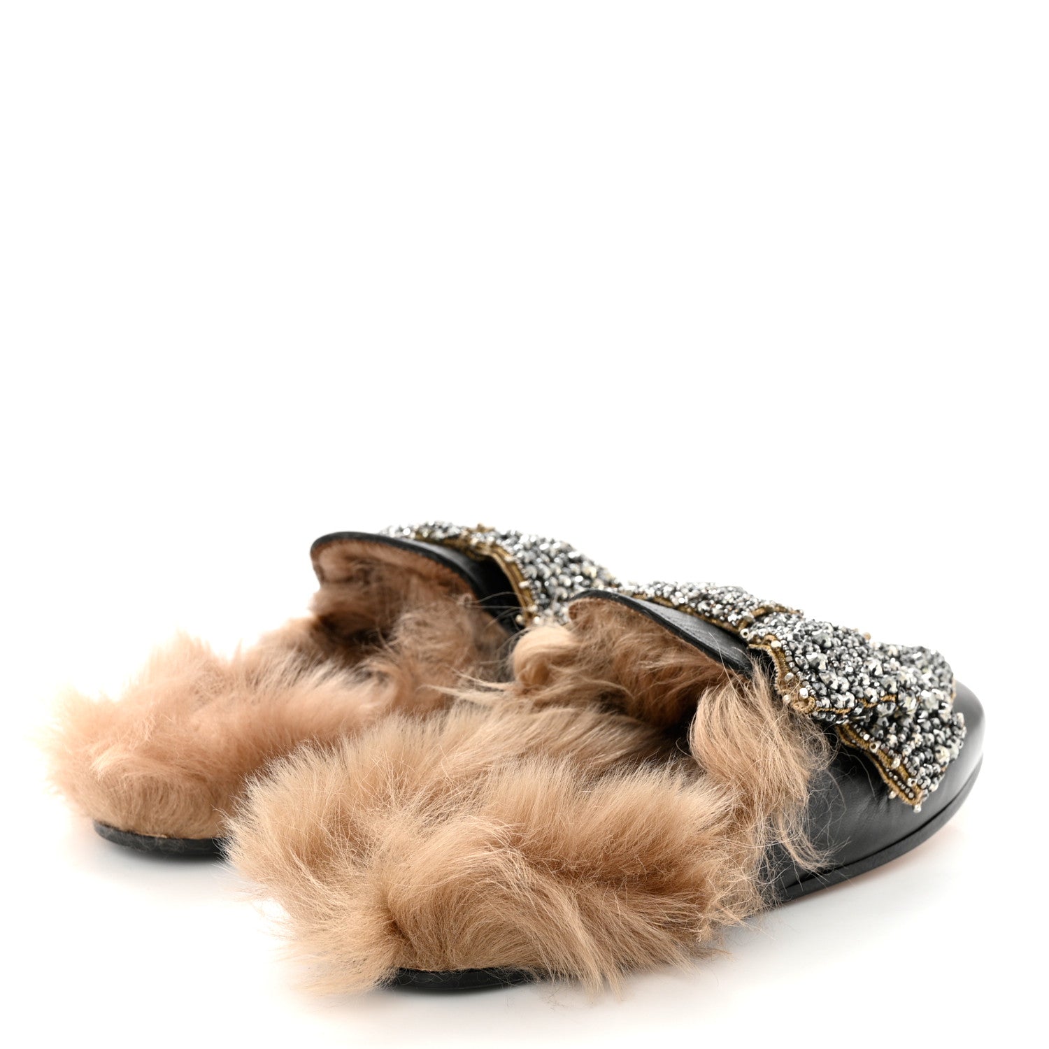Gucci Malaga Kid Fur Crystal Bow Embroidered Womens Princetown Slippers 35 Black 4 of 11