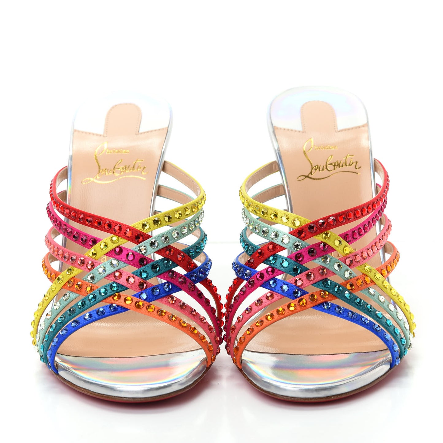 Specchio Calfskin Crystal Marthastrass 100 Slide Sandals 37.5 Silver Multicolor