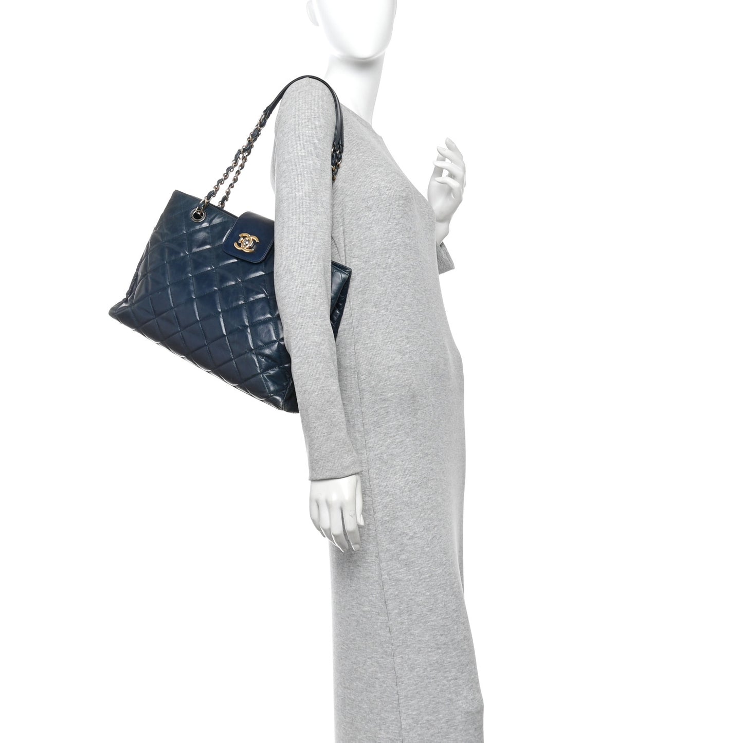 Glazed Calfskin Quilted Daily Walk Tote Navy
