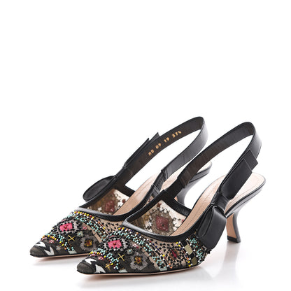 Christian Dior Calfskin Embroidered Beaded Sweet D Slingback Pumps 37.5 Black Turquoise 3 of 7