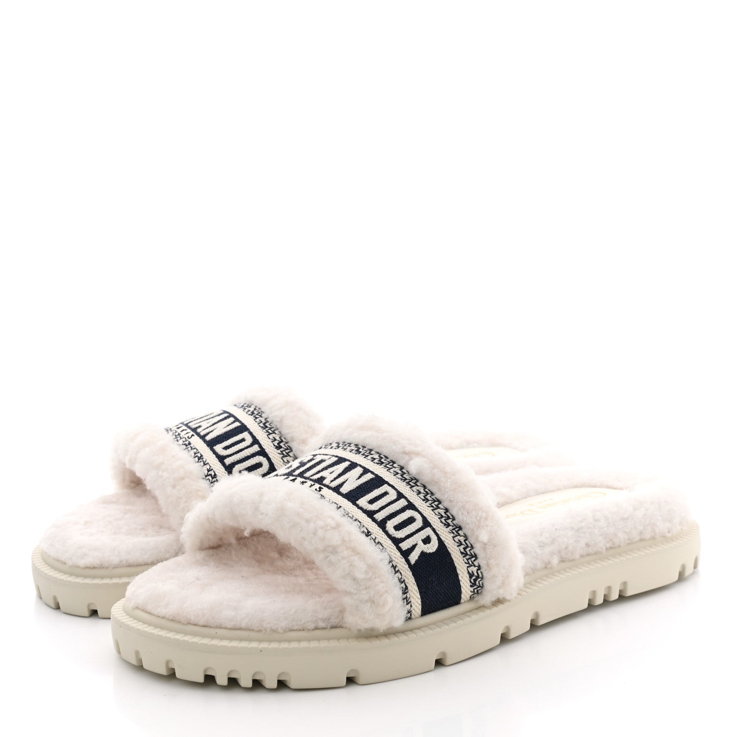 Christian Dior Shearling Canvas Embroidered Dway 10mm Slide Sandals 39 Natural Deep Blue 3 of 10