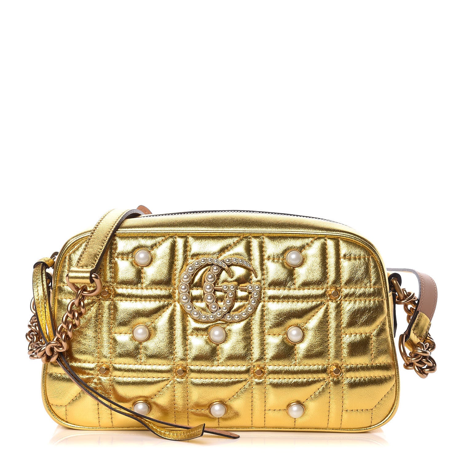 Gucci Metallic Calfskin Matelasse Studded Small Pearly GG Marmont Chain Shoulder Bag Gold 1 of 10
