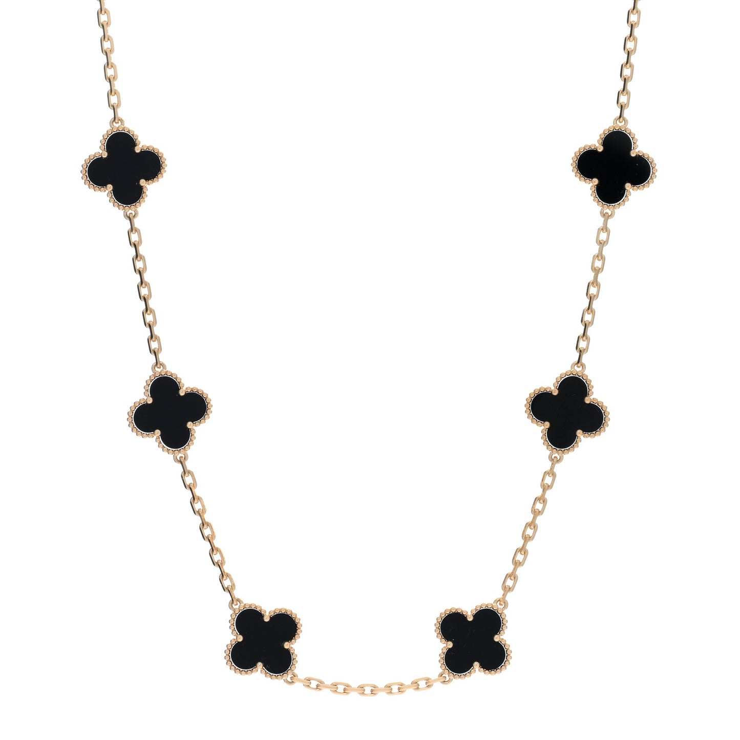 18K Yellow Gold Black Onyx 10 Motifs Vintage Alhambra Necklace