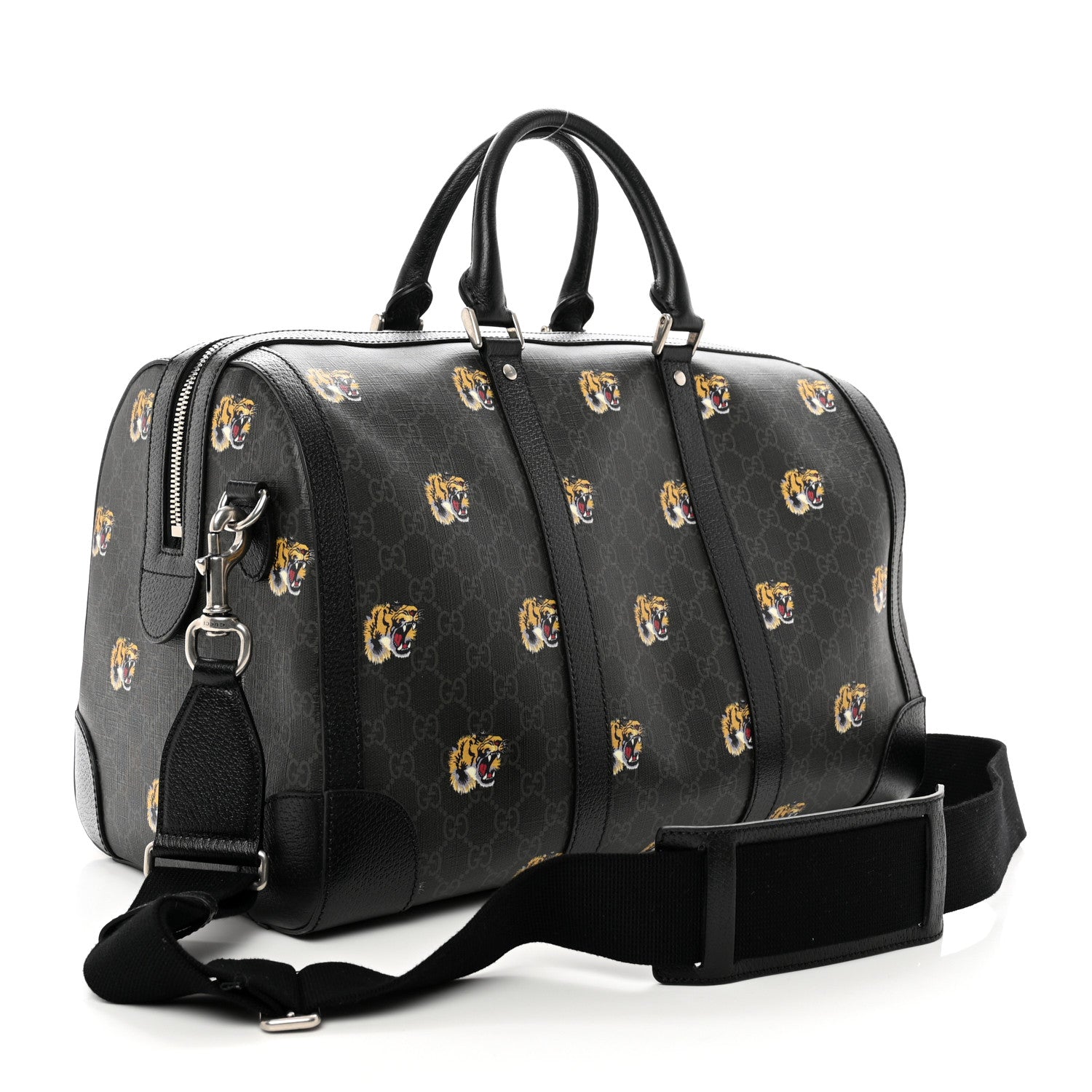 Gucci GG Supremem Monogram Tiger Face Textured Dollar Calfskin Large Retro Interlocking G Duffle Bag Black Multicolor 2 of 9