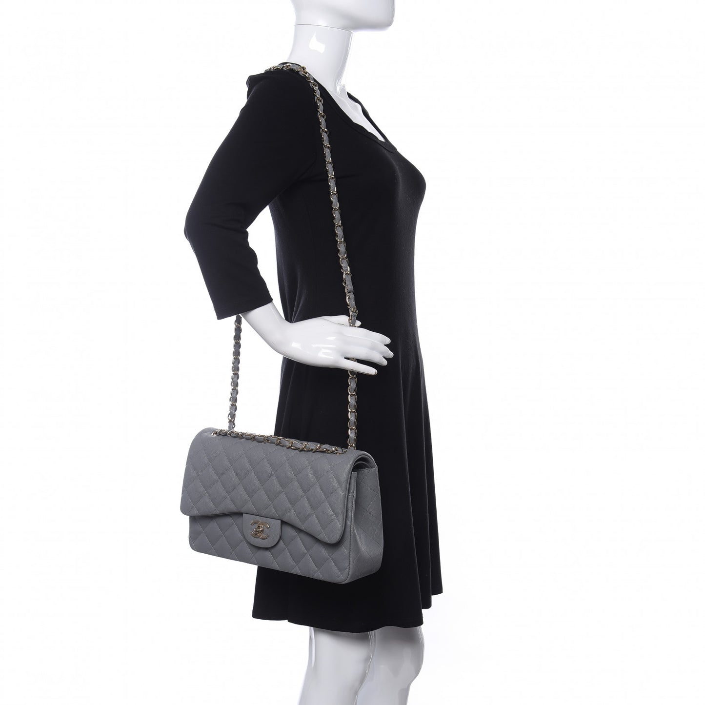 Caviar Quilted Jumbo Double Flap Grey