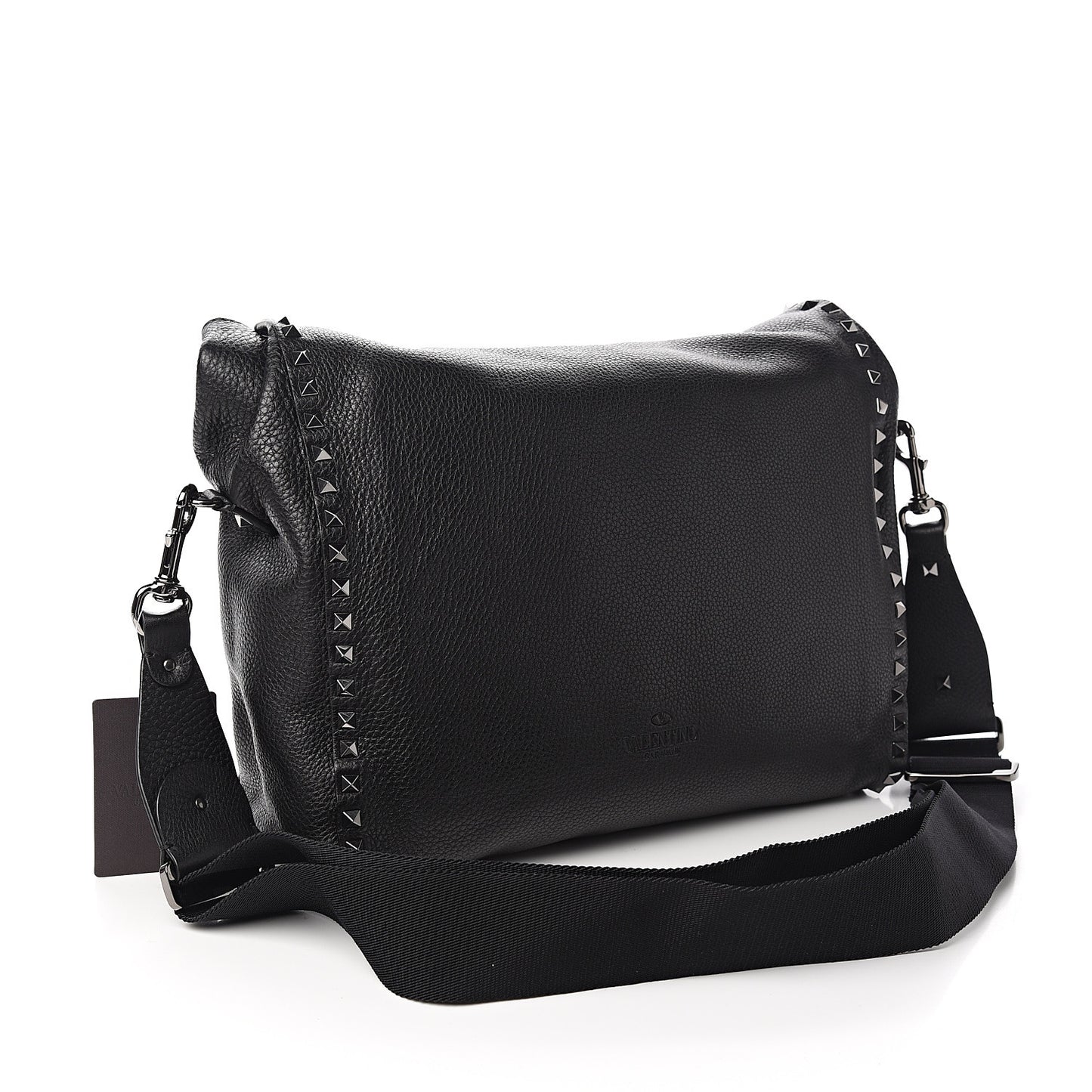 Pebbled Calfskin Rockstud Messenger Black