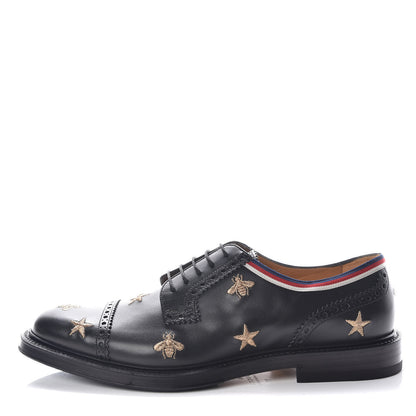 Gucci Calfskin Bee Star Embroidered Mens Captoe Derby Loafers 8.5 Black 1 of 11