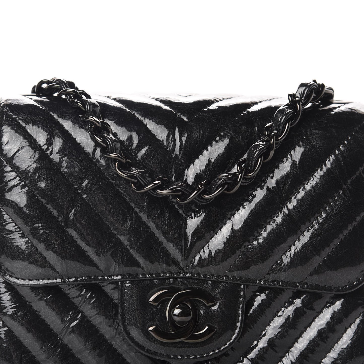 Metallic Patent Crumpled Calfskin Chevron Quilted Mini Square Flap Black