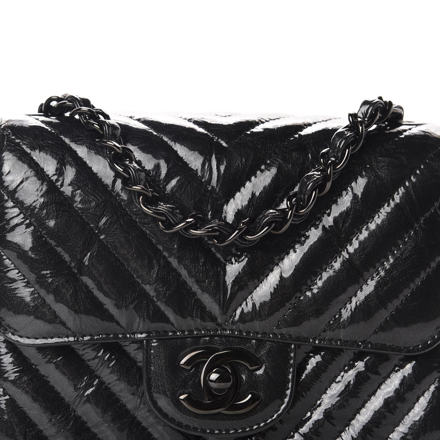 Chanel Metallic Patent Crumpled Calfskin Chevron Quilted Mini Square Flap Black 10 of 11