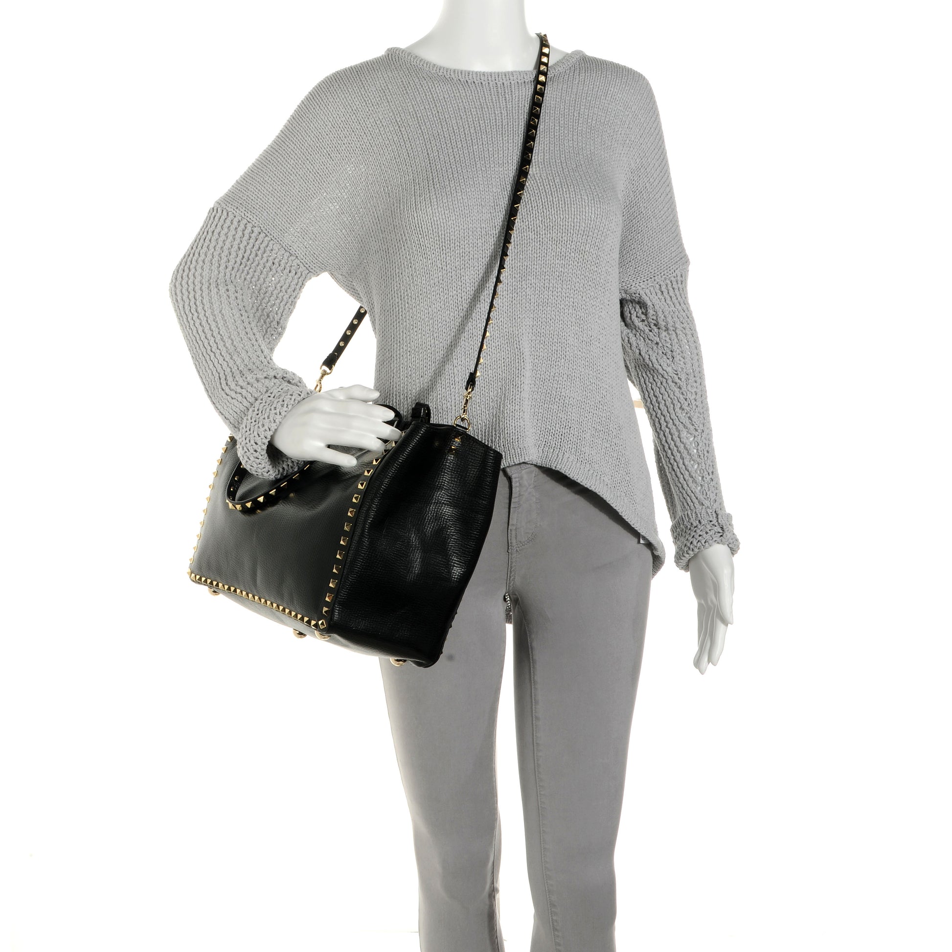 Valentino Garavani Textured Calfskin Medium Rockstud Tote Black 2 of 9