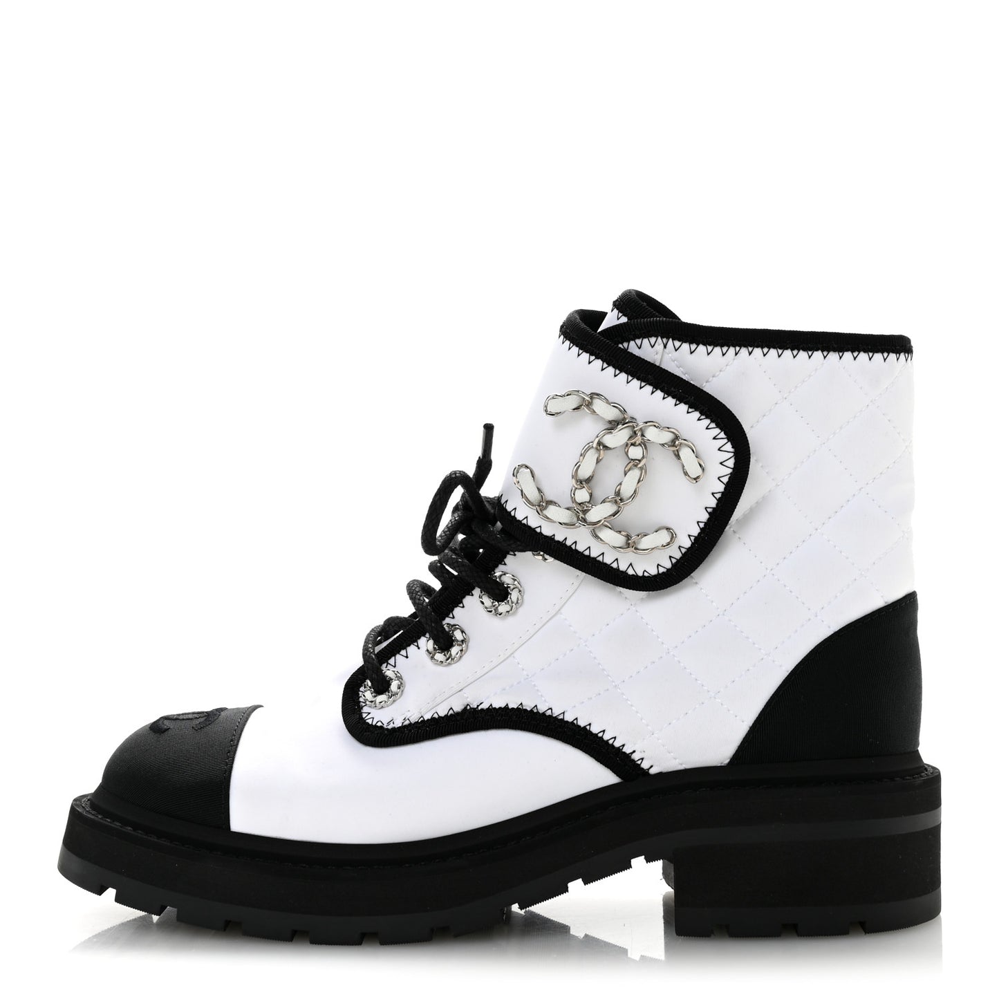 Fabric Grosgrain Quilted Cap Toe Lace Up Combat Boots 36.5 White Black