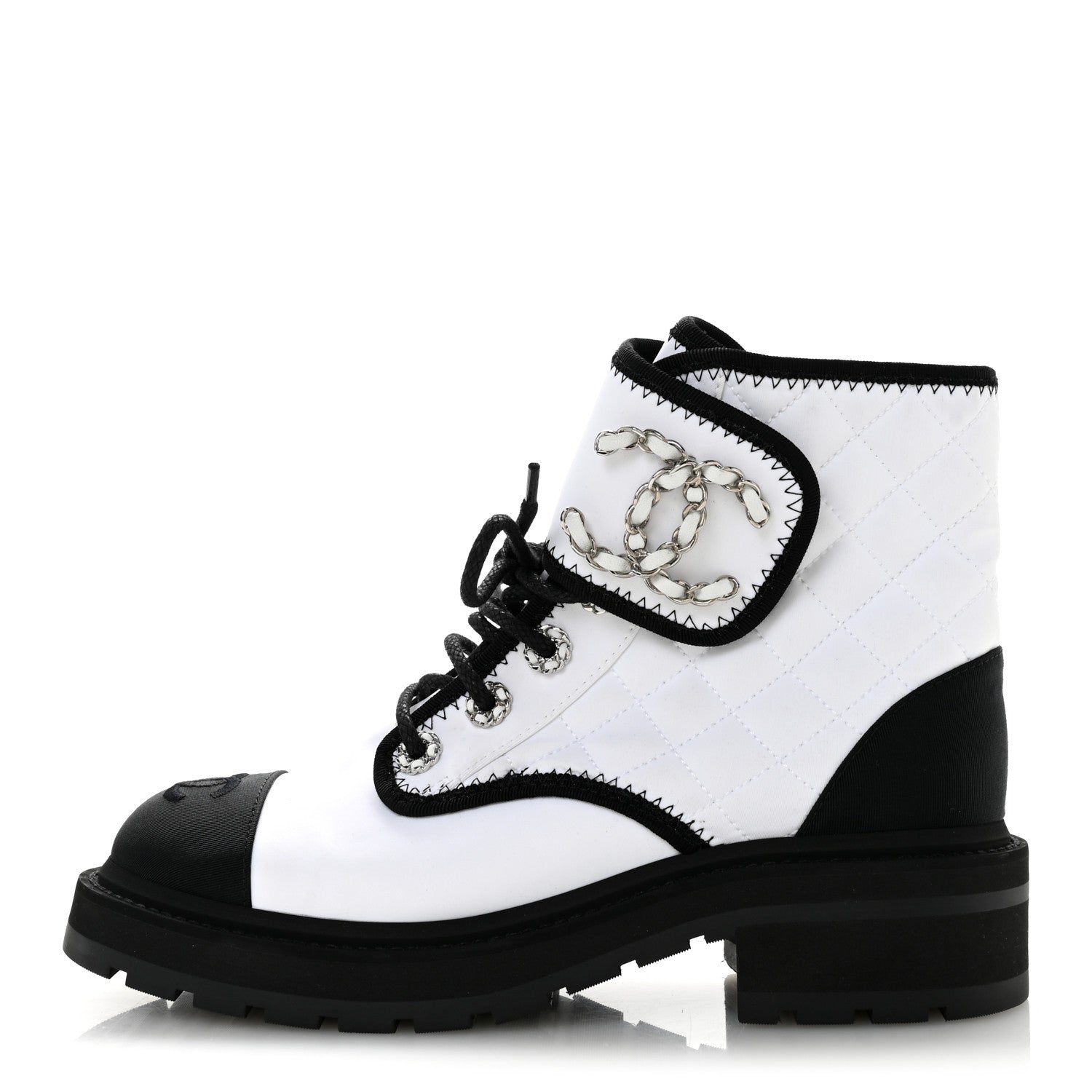 Chanel Fabric Grosgrain Quilted Cap Toe Lace Up Combat Boots 36.5 White Black 1 of 9