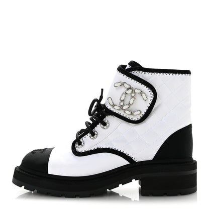 Chanel Fabric Grosgrain Quilted Cap Toe Lace Up Combat Boots 36.5 White Black 1 of 9