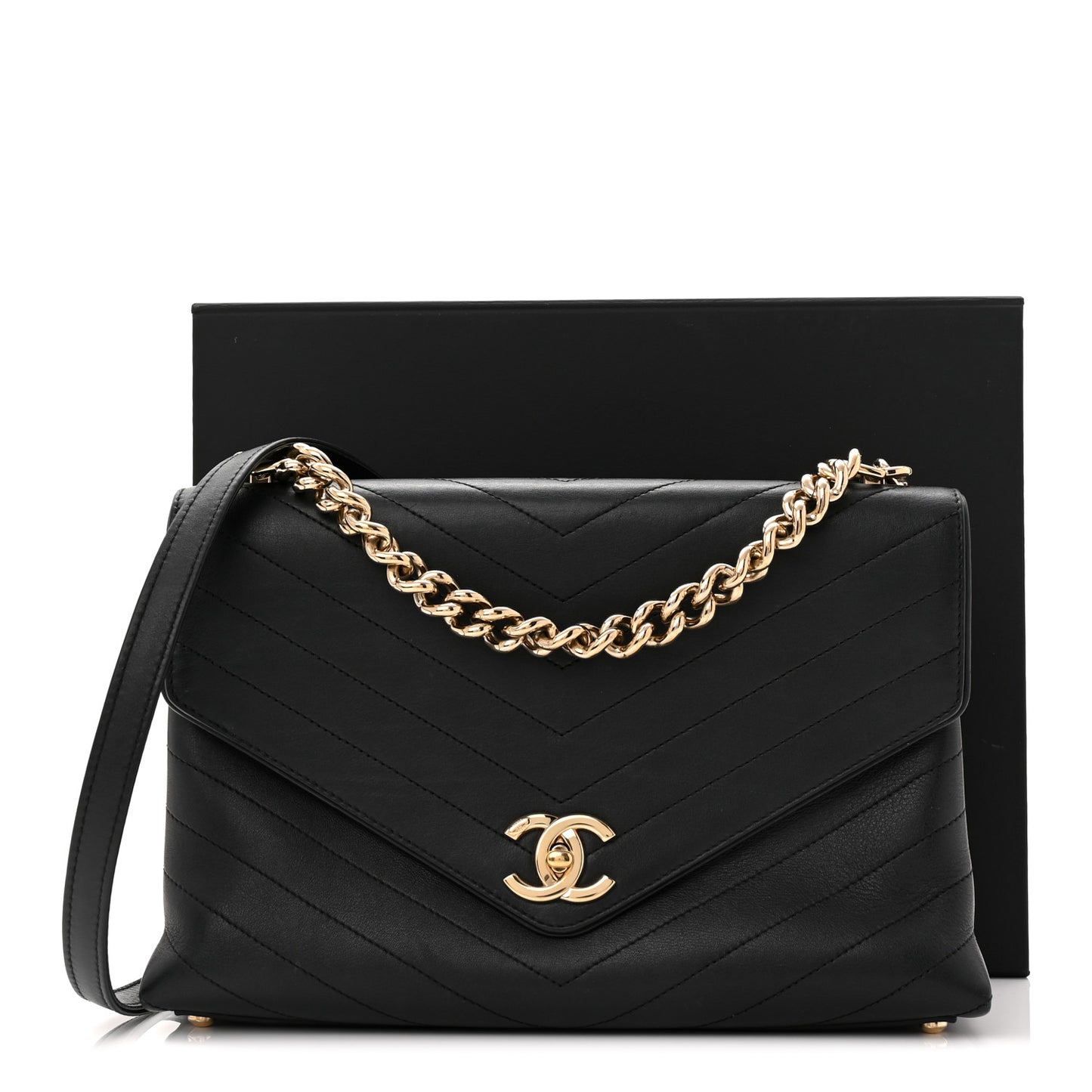 Calfskin Chevron Stitched Medium Coco Flap Bag Black