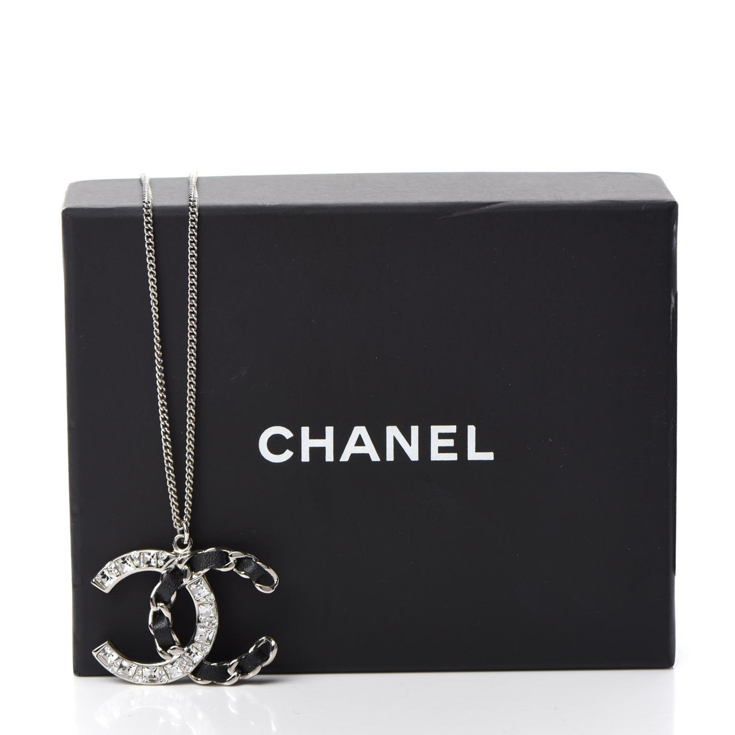 Lambskin Baguette Crystal CC Necklace Black Silver
