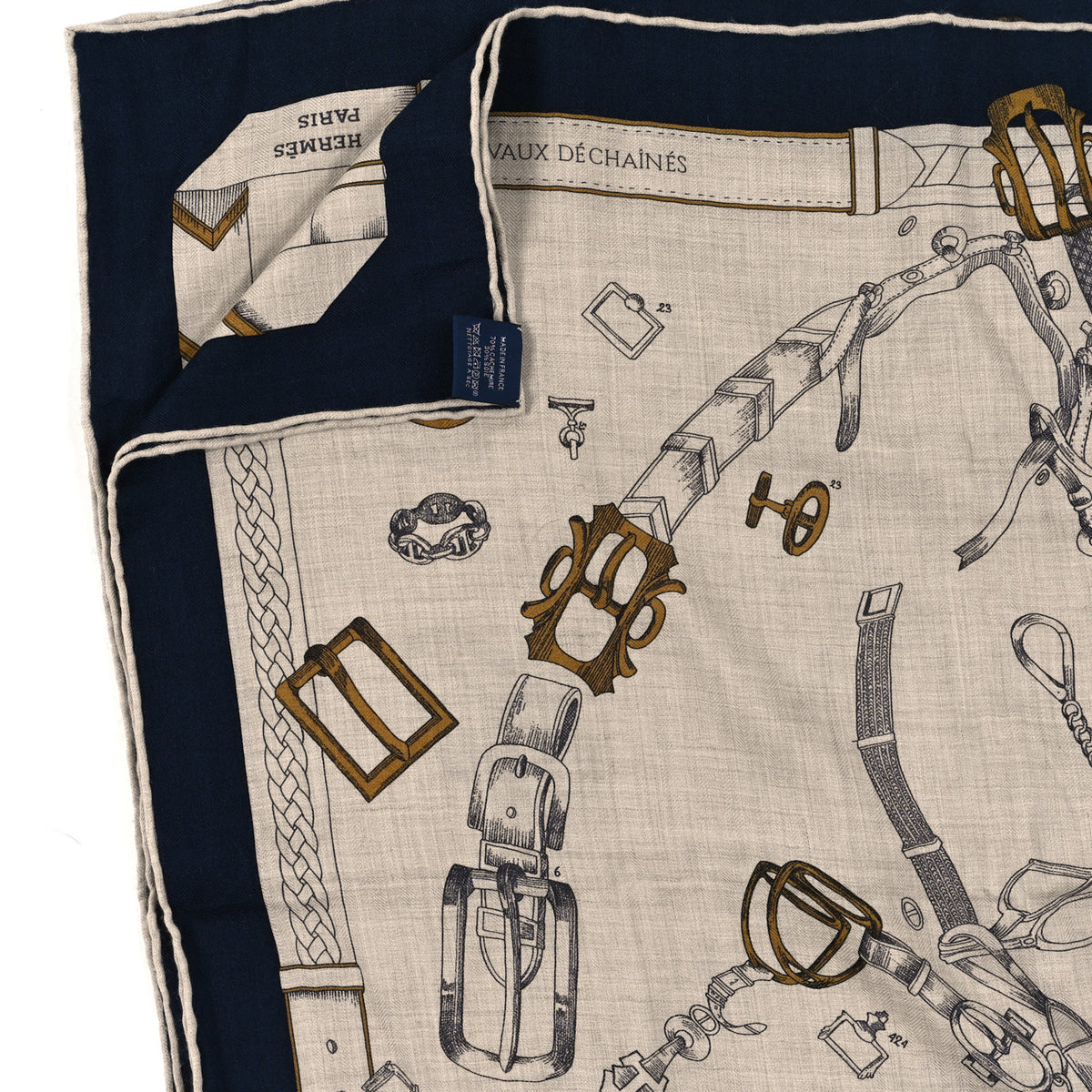 Hermes Cashmere Silk Chevaux Dechaines Shawl 140 Marine Naturel Gris 4 of 4