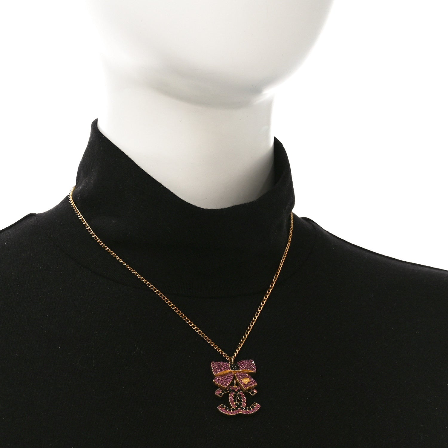 Chanel Crystal CC Bow Necklace Gold Purple 2 of 4