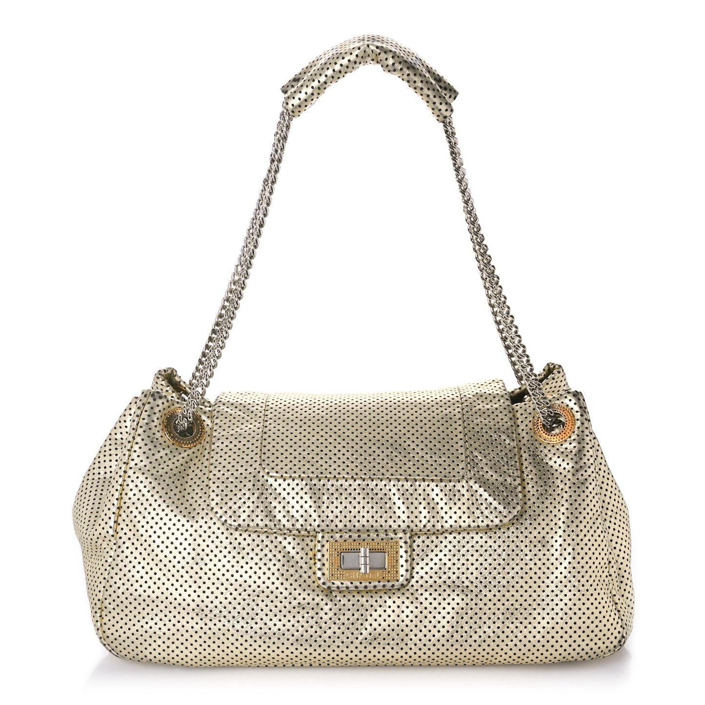 Metallic Calfskin Perforated Large Drill Accordion Flap Gold