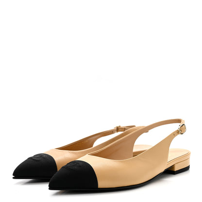 Chanel Goatskin Grosgrain Pointed Toe CC Slingback Flats 37 Beige Black 4 of 9