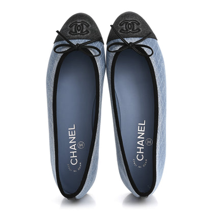 Chanel Denim Printed Quilt CC Cap Toe Ballerina Flats 39 Light Blue Dark Grey 2 of 11