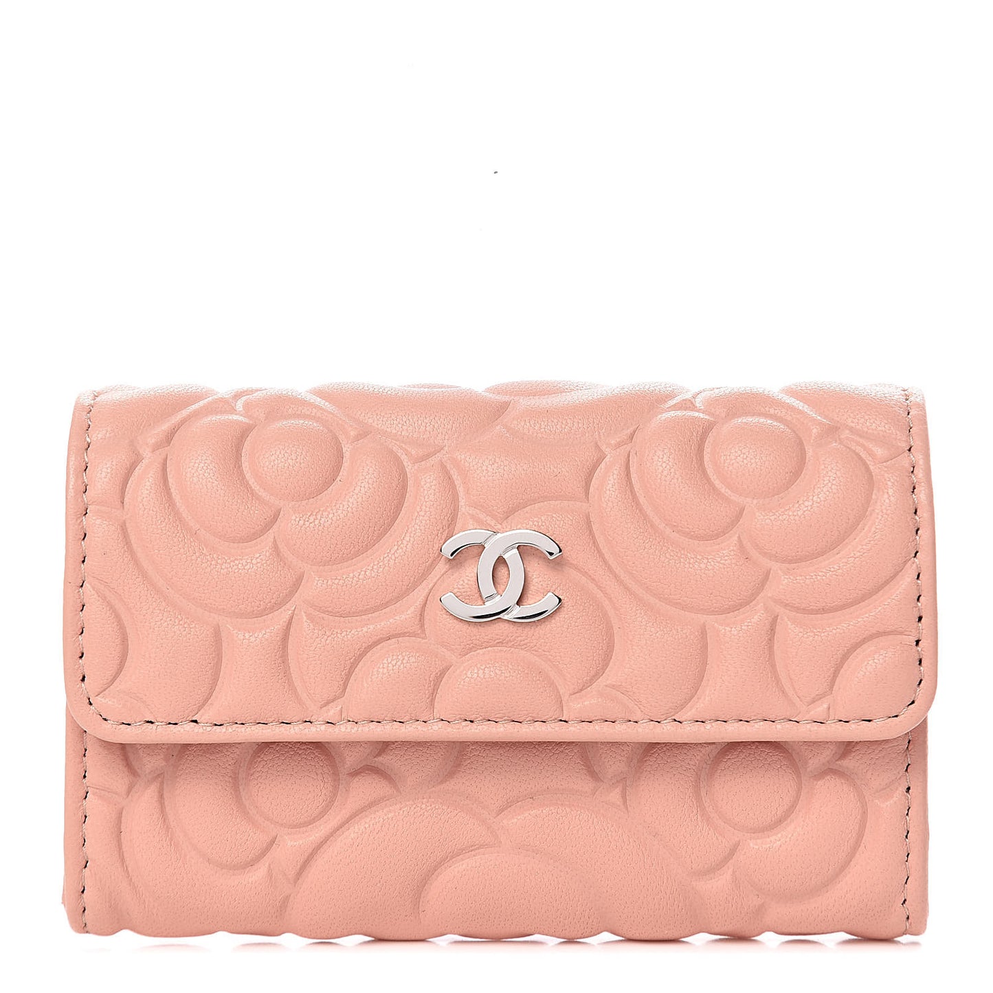 Goatskin Camellia Embossed Flap Card Holder Pink