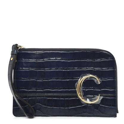 Chloe Calfskin Crocodile Embossed C Flat Pouch Full Blue 1 of 8