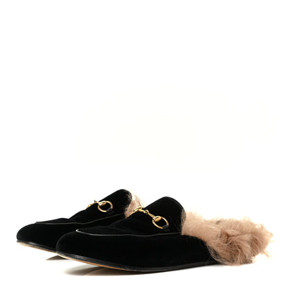 Gucci Velvet Fur Womens Princetown Slippers 37.5 Black 3 of 12
