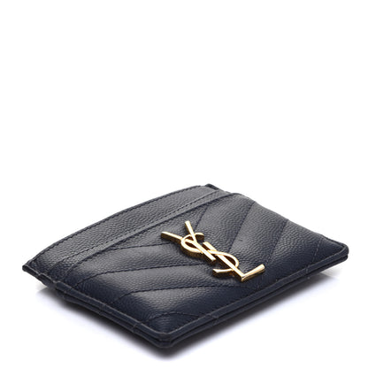 Saint Laurent Grain De Poudre Matelasse Chevron Monogram Credit Card Case Navy 4 of 12