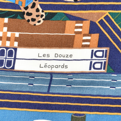 Hermes Cashmere Silk Les Douze Leopards Shawl 140 Bleu Moyen Vert 2 of 6