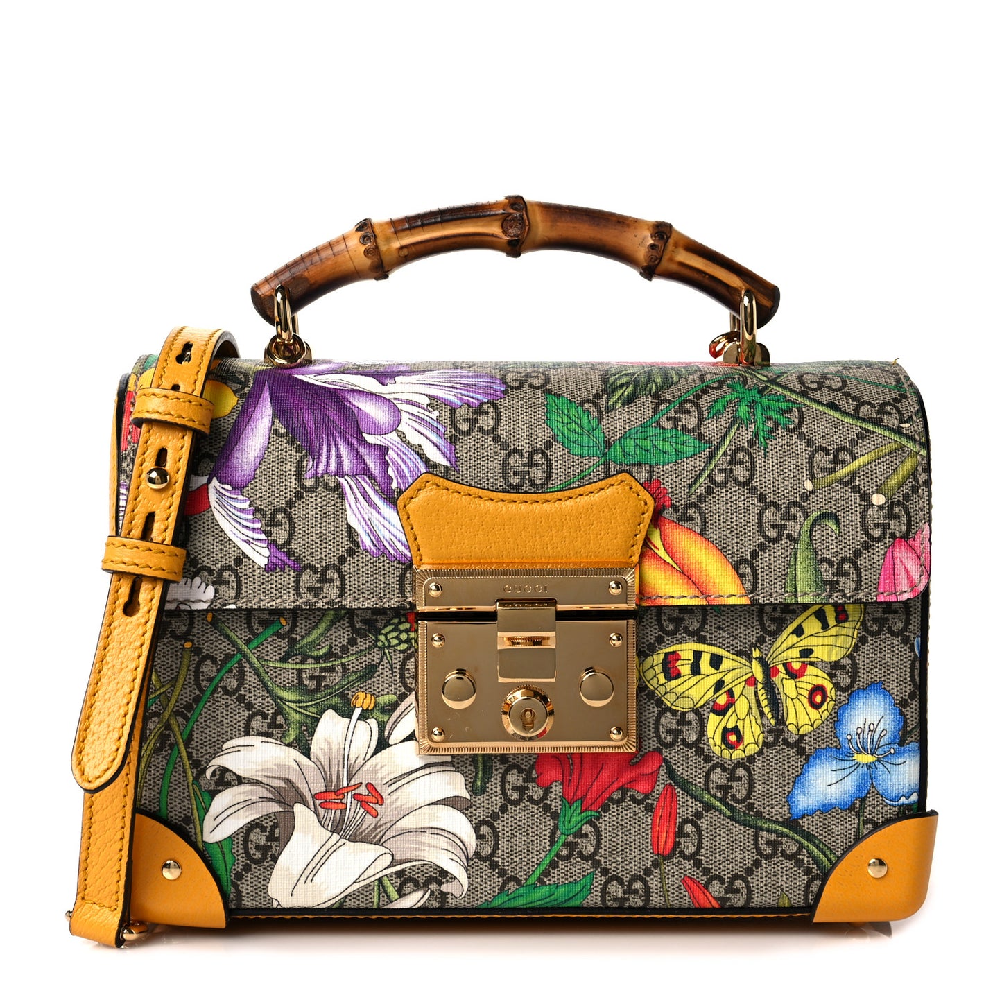 GG Supreme Monogram Flora Small Padlock Bamboo Shoulder Bag Beige Multicolor Crop