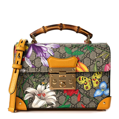 Gucci GG Supreme Monogram Flora Small Padlock Bamboo Shoulder Bag Beige Multicolor Crop 1 of 10