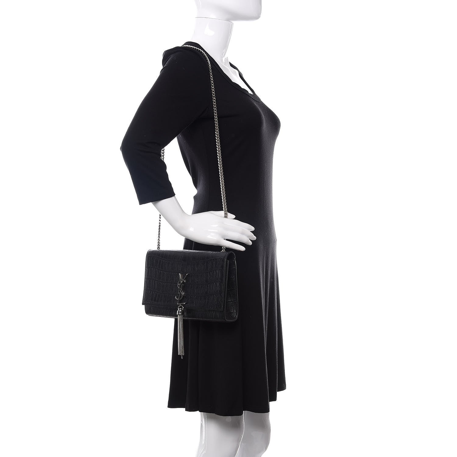 Saint Laurent Calfskin Crocodile Embossed Medium Classic Monogram Kate Tassel Satchel Black 2 of 13