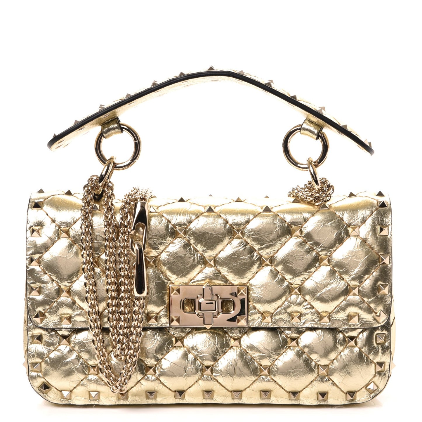 Metallic Wrinkled Lambskin Small Rockstud Spike Shoulder Bag Platino