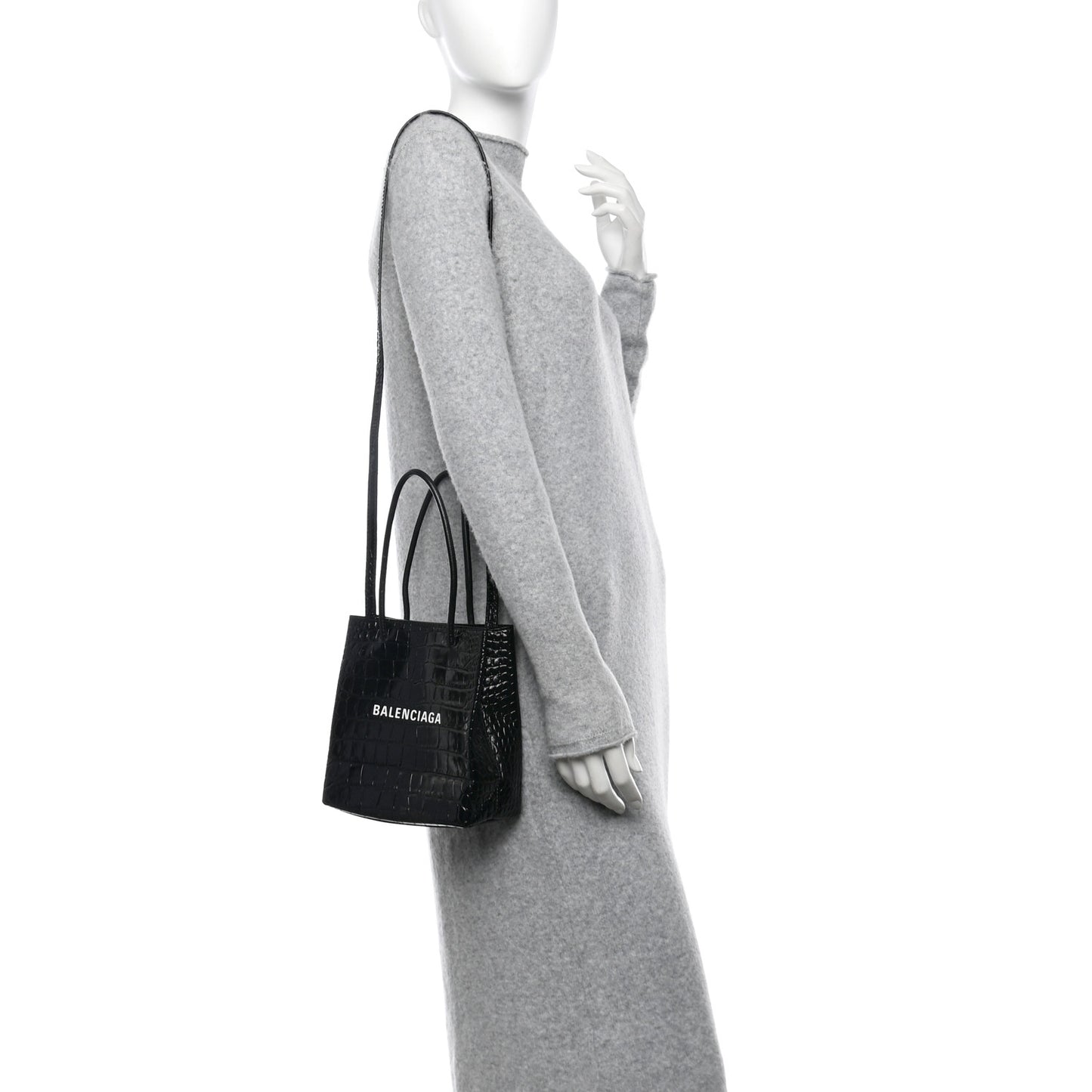 Shiny Calfskin Logo Crocodile Embossed North South Shopper Tote XXS Black White