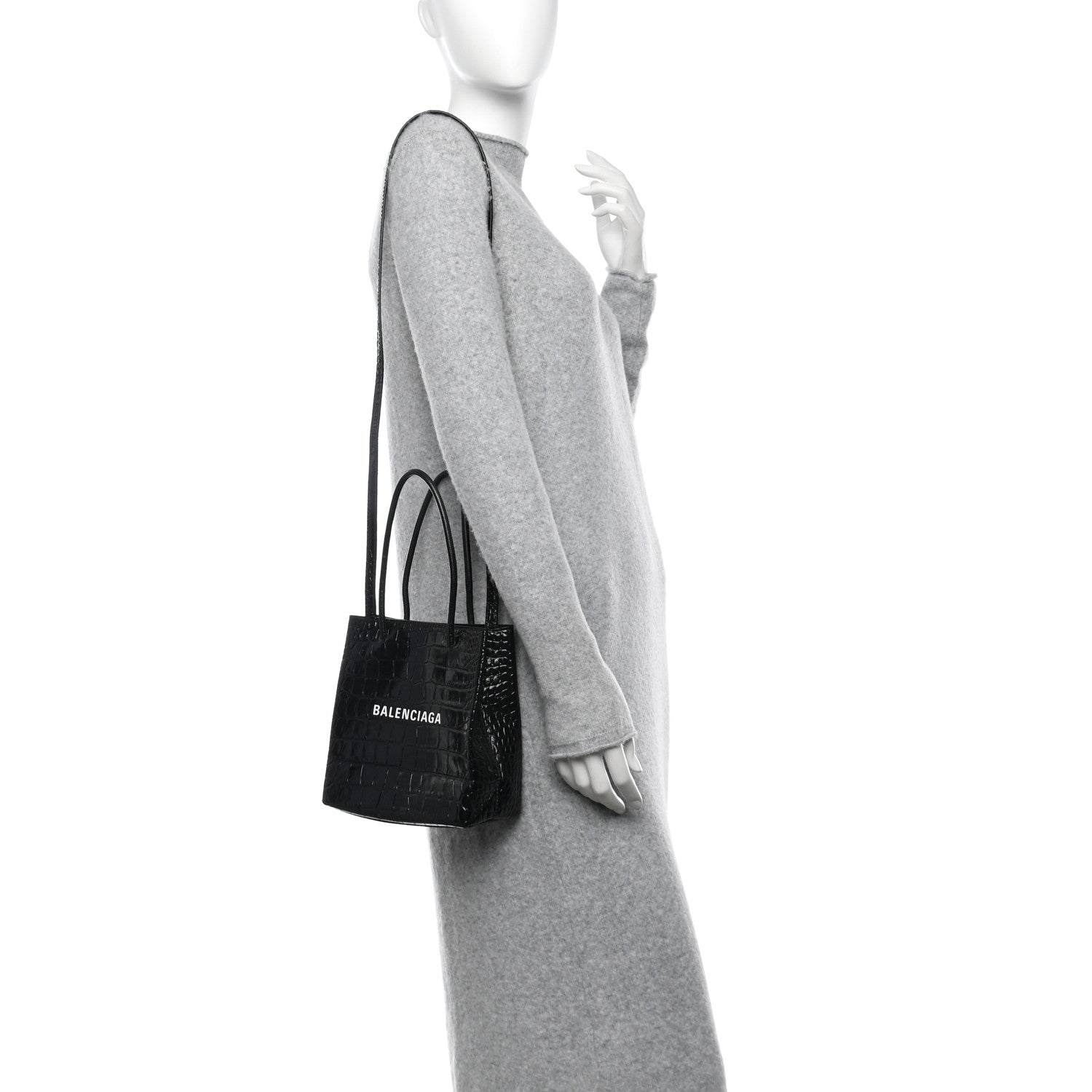 Balenciaga Shiny Calfskin Logo Crocodile Embossed North South Shopper Tote XXS Black White 2 of 10