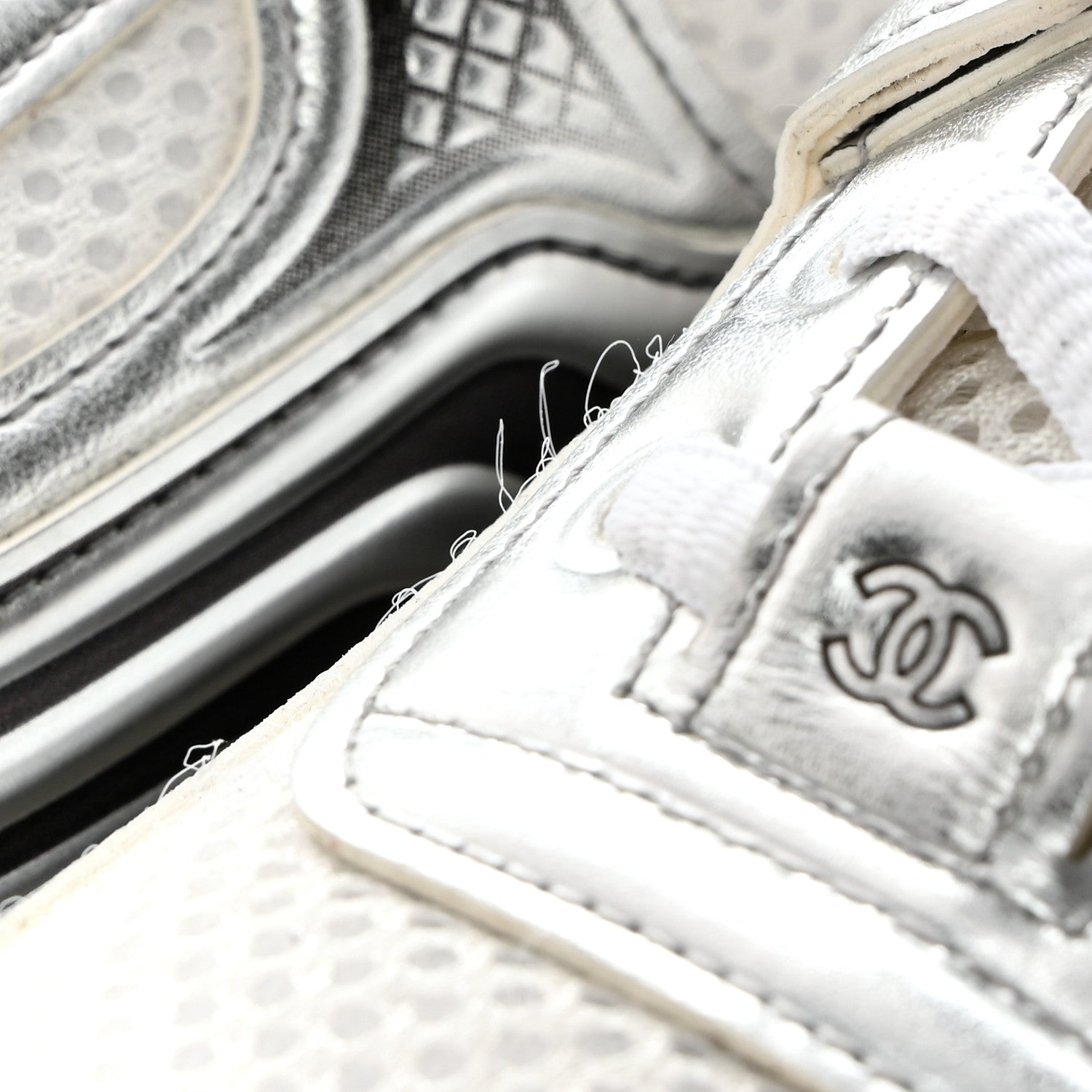 Chanel Fabric Laminated Calfskin Stretch CC Sneakers 38.5 White Silver 10 of 11