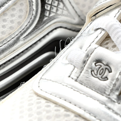 Chanel Fabric Laminated Calfskin Stretch CC Sneakers 38.5 White Silver 10 of 11